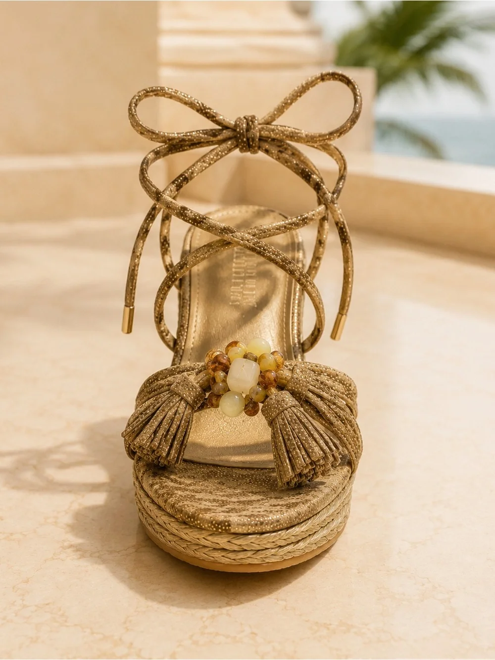 Stuart Weitzman Panache Gold Raffia Wedge Sandals Size 8 - Picture 4 of 10